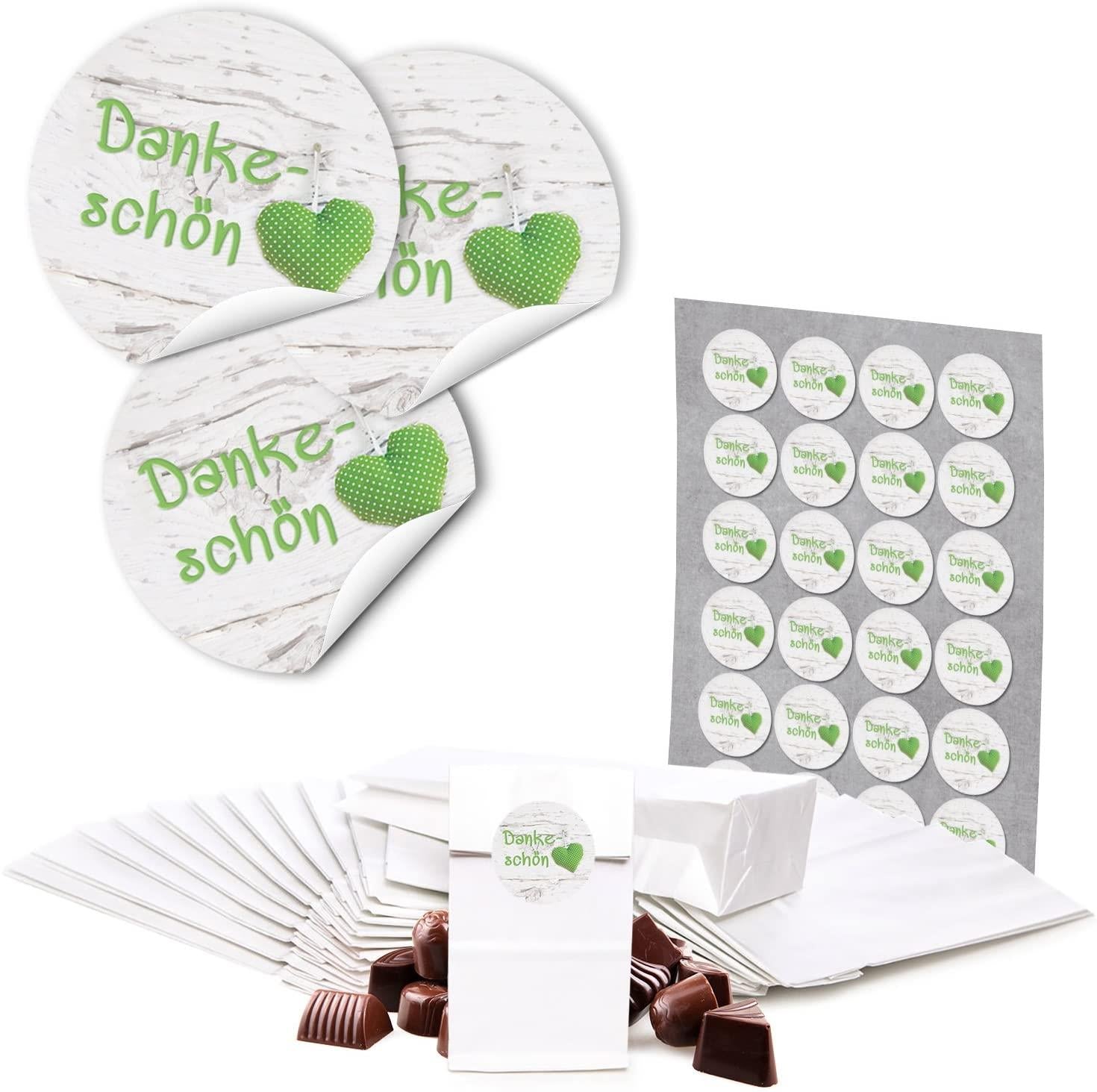 24 braune natur DANKE-SCHÖN Tüte weiß grün 7 x 4 x 20,5 cm + 24 runde Aufkleber GEPUNKTET 4 cm Verpackung Gastgeschenk Mitgebsel give-away lebensmittel-echt Papiertüte Geschenktüte Boden-Beutel Gebäck